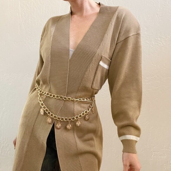 Vintage 1980's Neutral Tan Long Duster Knit Cardigan Sweater - Picture 2 of 8